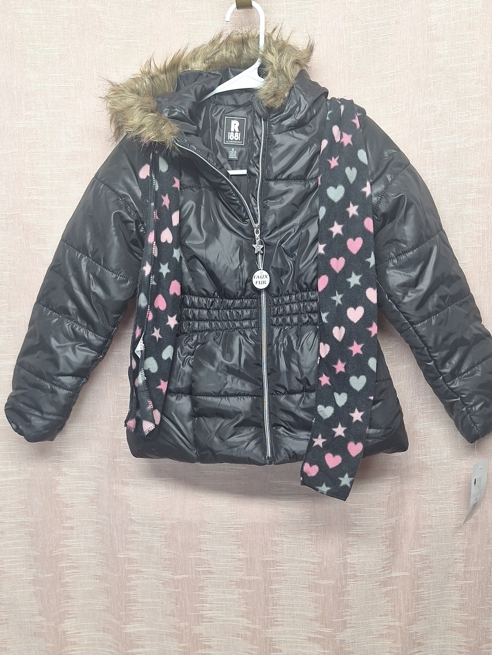 Girls' Black Puffer Jacket with Faux-Fur Hood 10/12 NWT